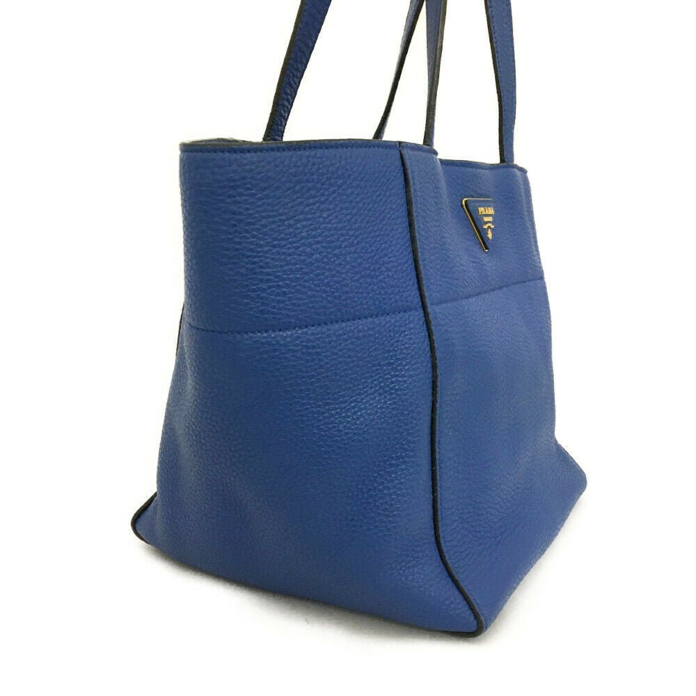 PRADA Logo Plate Blue Leather Tote Bag