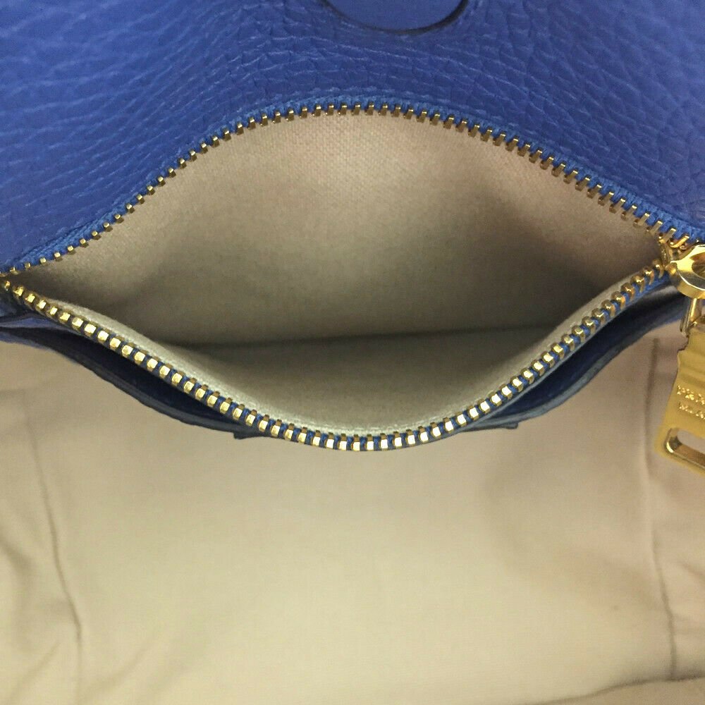 PRADA Logo Plate Blue Leather Tote Bag