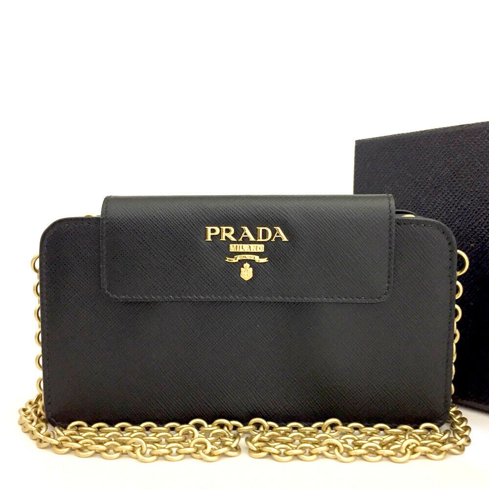 PRADA Saffiano Logo Black Leather Wallet On Chain Shoulder Bag